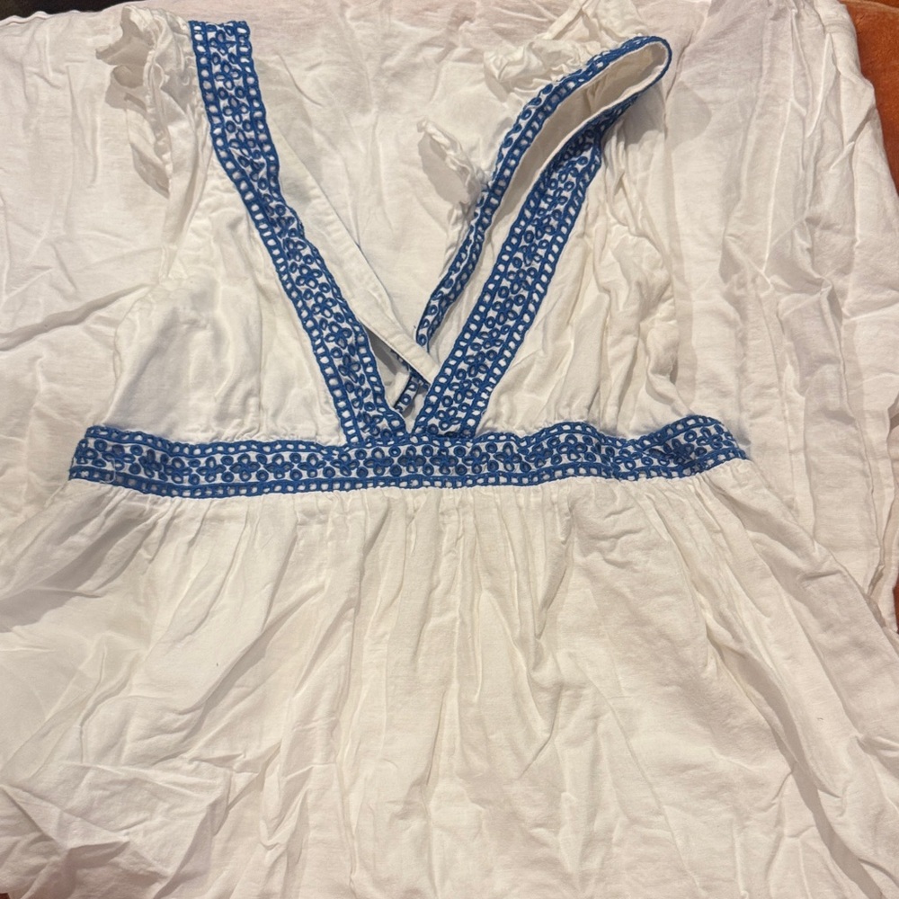 JCrew White Cotton Dress with Blue Embroidered Trim